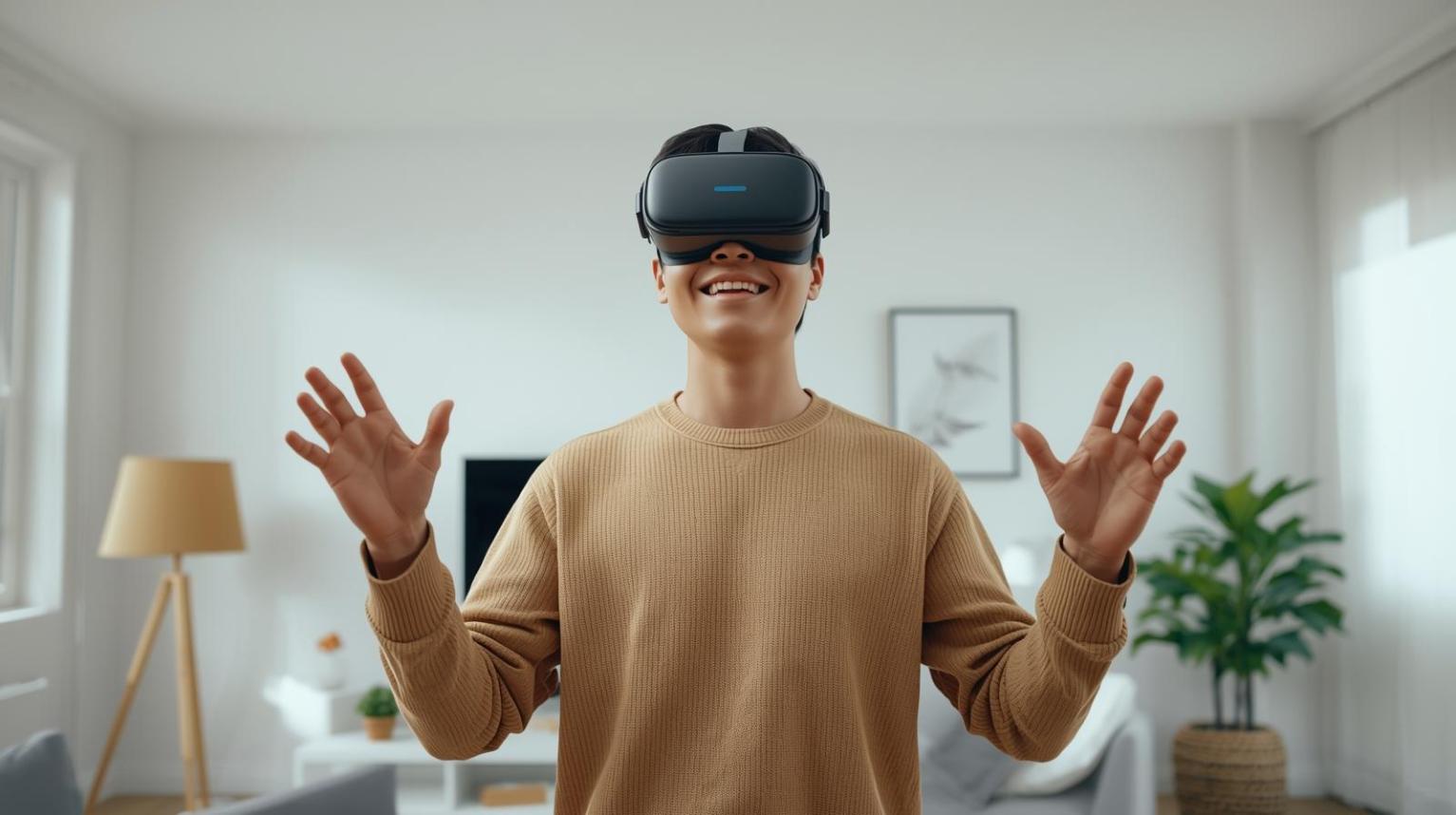 A VR creator confidently hosting a live immersive stream in a bright studio.