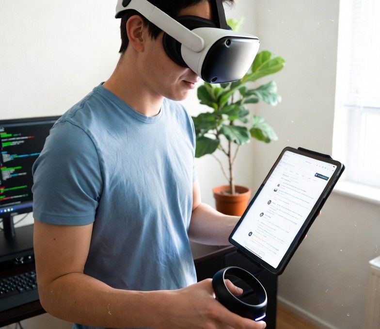 VR developer reading Reddit comments while testing a headset in a workspace